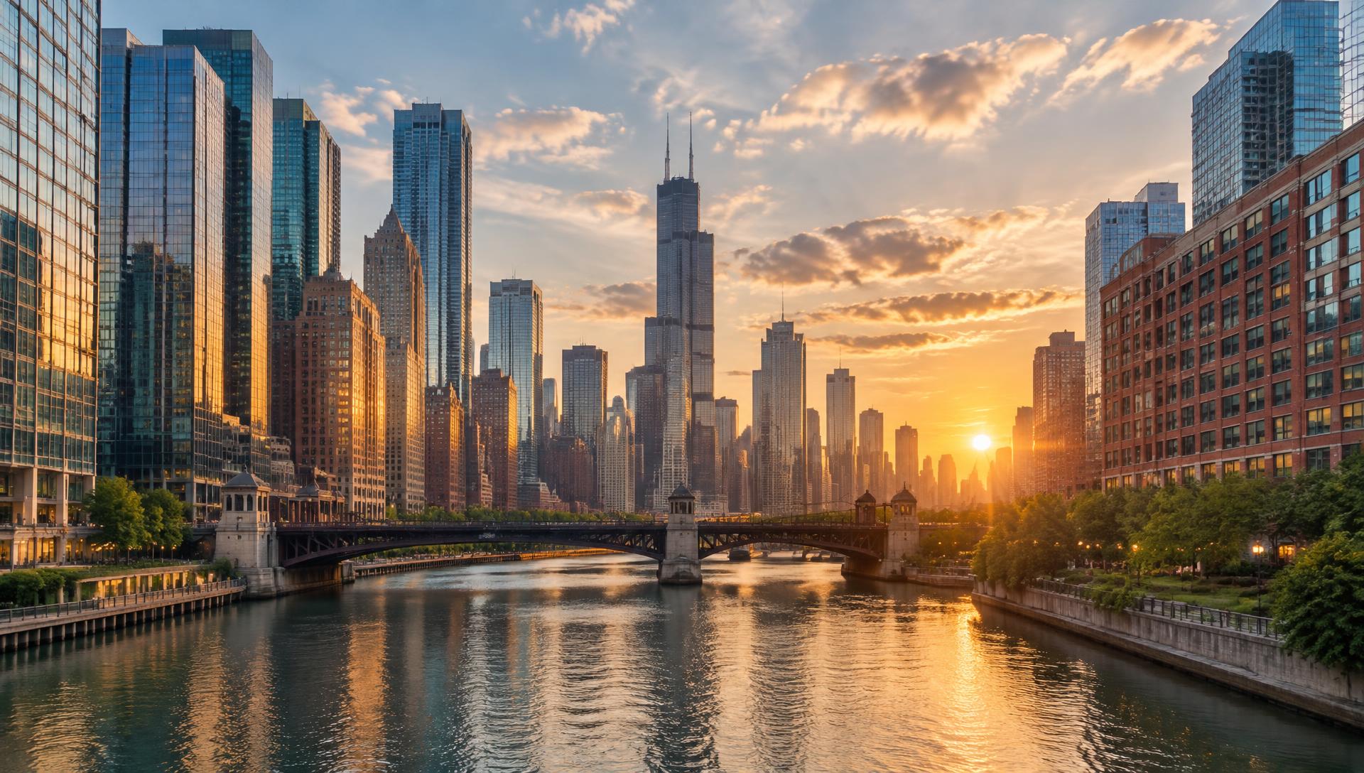 The Chicago skyline at sunset seen across the Chicago River with a bridge in the foreground
