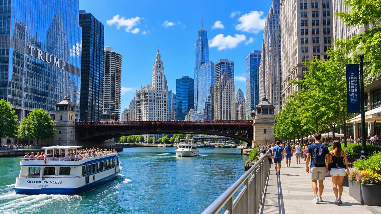 The Chicago Riverwalk on a sunny summer day with tour boats and bridges